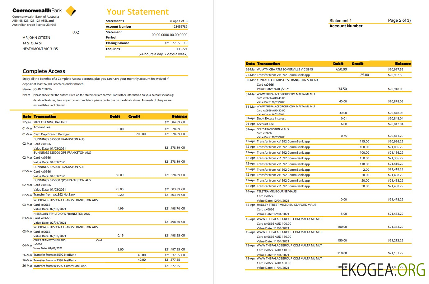 Modèle de relevé bancaire du Commonwealth d'Australie au format Excel et PDF (3 pages), version 2